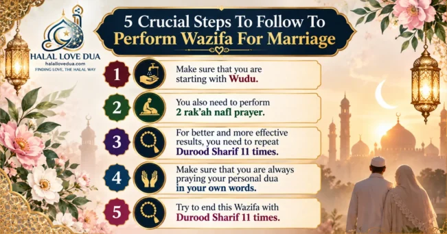 5 Crucial Steps To Follow To Perform Wazifa For Marriage Make sure that you are starting with Wudu. You also need to perform 2 rak’ah nafl prayer. For better and more effective results, you need to repeat Durood Sharif 11 times. Make sure that you are always praying your personal dua in your own words. Wazifa For Marriage